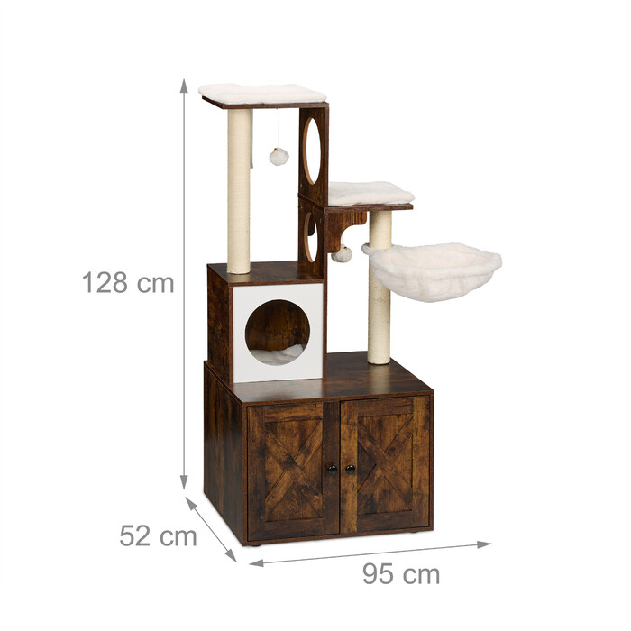 Relaxdays Cat Tree with Litter Box Cabinet, 128 cm