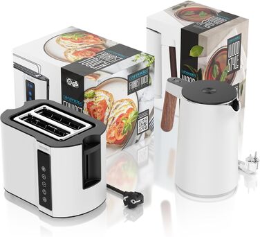 Набір Arendo: Електричний чайник з регулюванням температури та тостер на 4 скибочки з підігрівом - нержавіюча сталь, білий матовий