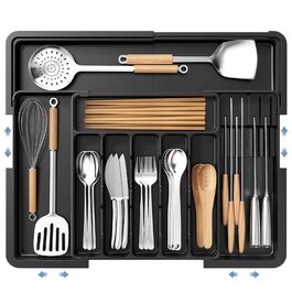 Органайзер для столових приборів в шухляду, пластиковий лоток для кухні з 2 знімними блоками для ножів (6-9 відділень), регульований, 33-53 см