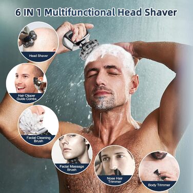 Електрична машинка для гоління голови Qhecomce 6-в-1, чоловіча, з 7 плаваючими головками, для сухого та вологого гоління, чорна