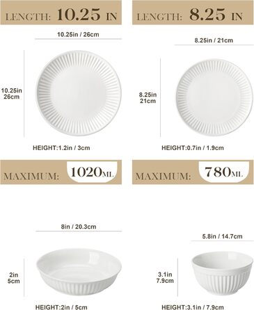 MALACASA LEILA Набір посуду на 6 осіб, 24 елементи: тарілки, миски, порцеляна, ручна робота, для мікрохвильовки та посудомийної машини, білий