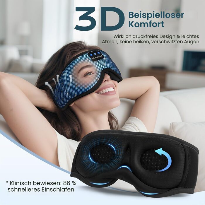 Маска для сну з Bluetooth навушниками Dolida V5.4, м'яка 3D, для сну, подорожей, йоги, медитації (блакитна)