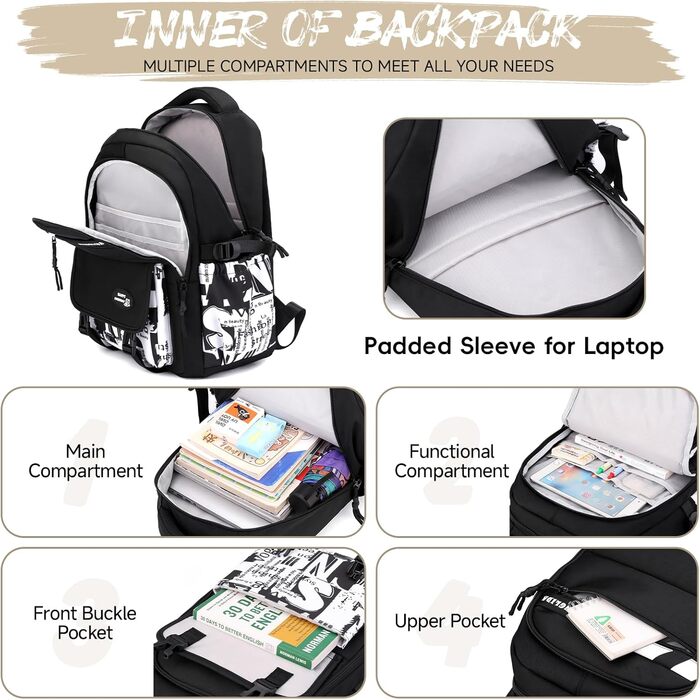 Шкільний рюкзак Tanou для хлопчиків-підлітків, принт графіті, водонепроникний, 10-18 років, для школи, гімназії, старшої школи (чорний/білий)