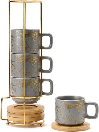 Набір келихів для еспресо LUKA з блюдцем та металевою підставкою (4 шт.), 118 мл, кераміка, мармуровий візерунок білий/сірий