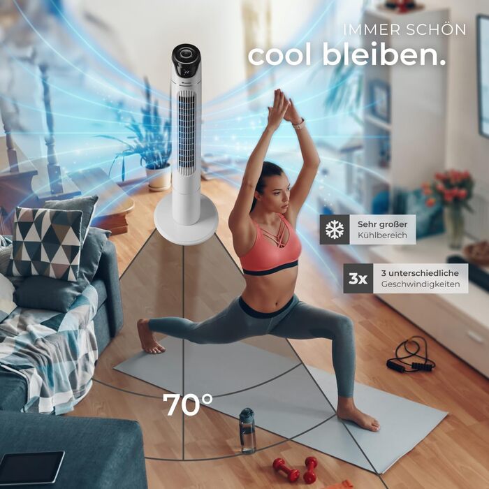 Турбо вентилятор Tectake з пультом дистанційного керування та таймером, тихий вентилятор-вежа, мобільний кондиціонер, 3 швидкості, 31 x 110 см