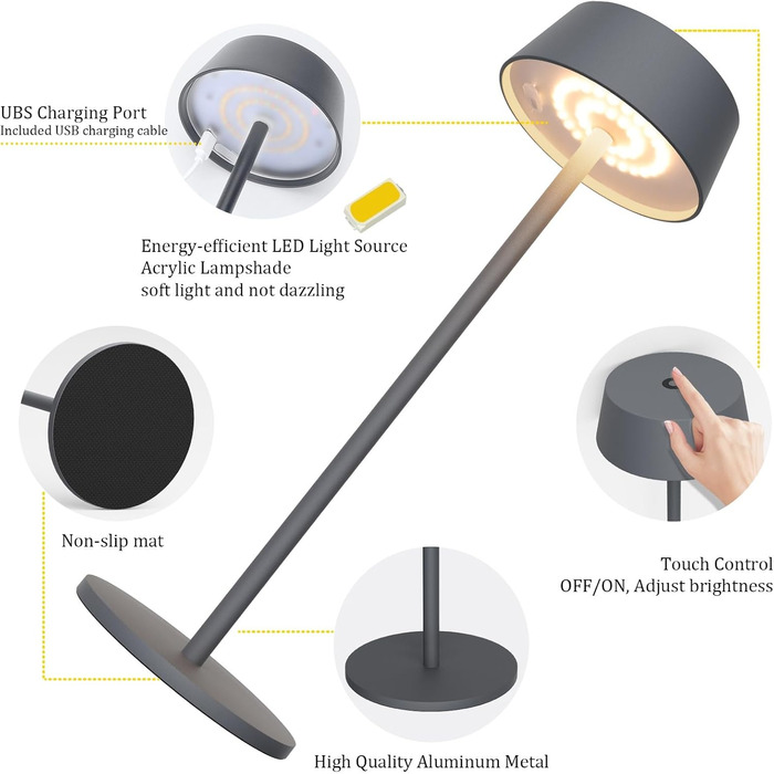 Світлодіодний акумуляторний настільний світильник Klighten з димером, сенсорний, металевий, алюмінієвий, IP54, перезаряджуваний, тепле біле світло 3000K, антрацит