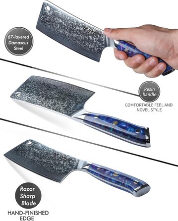 Ніж кухарський Sanmuzuo Hackmesser 17 см, професійний, Дамаск, серія Xuan, VG10 сталь, ручка з епоксидної смоли (сапфірово-блакитна)