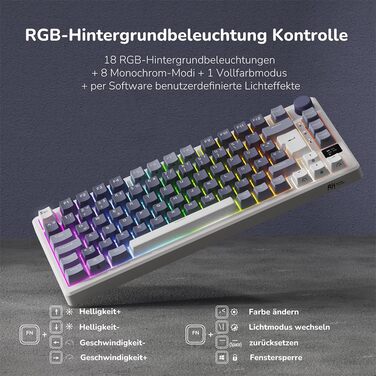 Ігрова клавіатура RK ROYAL KLUDGE M75: бездротова, механічна, RGB, 75% TKL, OLED-дисплей, Hot-Swappable, QWERTZ, червоний перемикач, лавандово-фіолетовий колір