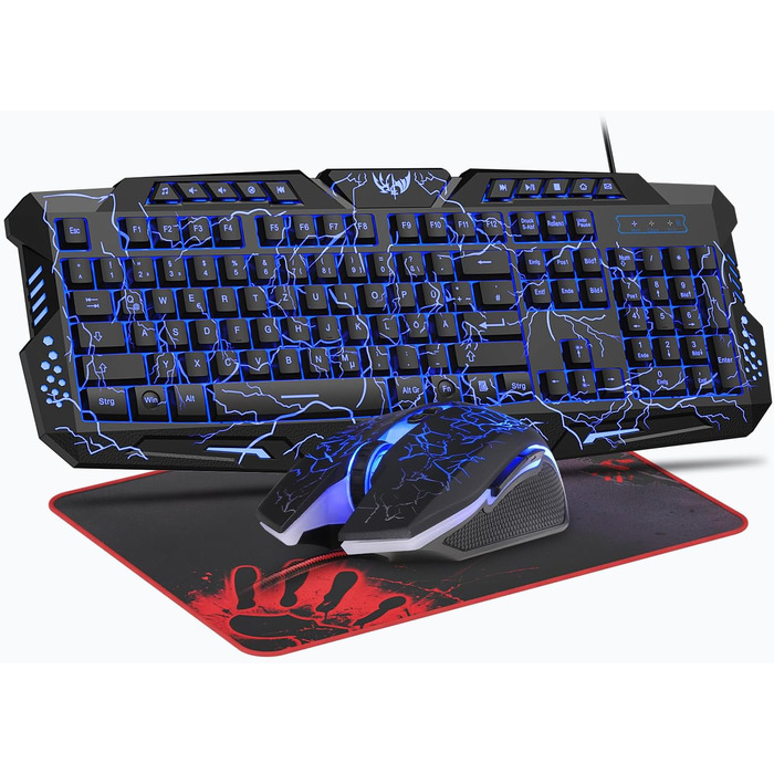 Ігровий набір клавіатури та миші: 114 клавіші QWERTZ DE, LED підсвічування, ергономічна миша з 4 кольорами, великий килимок, USB для PC/PS5/Xbox
