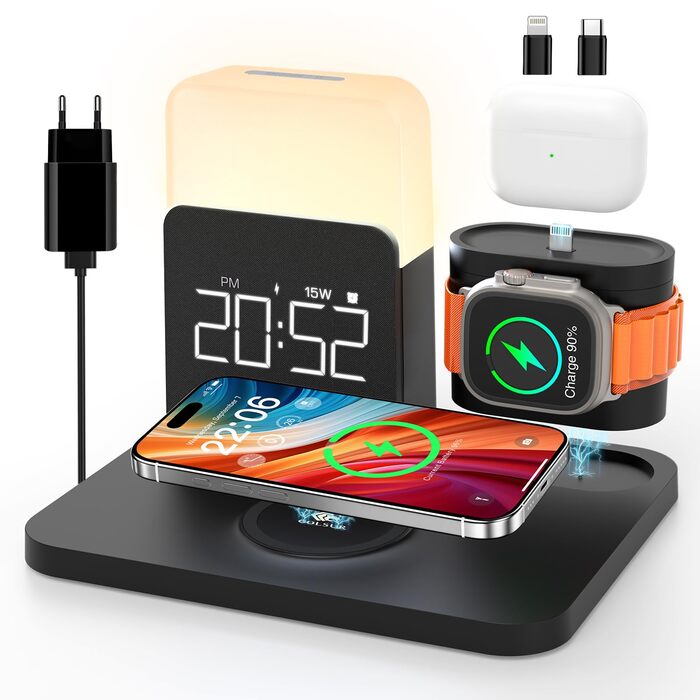 Зарядна станція 3-в-1 COLSUR для Apple Watch, iPhone та AirPods, 15W, нічник, будильник, чорний