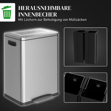 Сміттєве відро HOMCOM 40L з педальним механізмом, контейнер для сміття з кришкою та педаллю, сміттєвий бак з 2 внутрішніми відрами, функцією Soft-Close для вітальні, офісу, нержавіюча сталь, сріблястий колір, розміри 40 x 34,8 x 59 см | Aosom