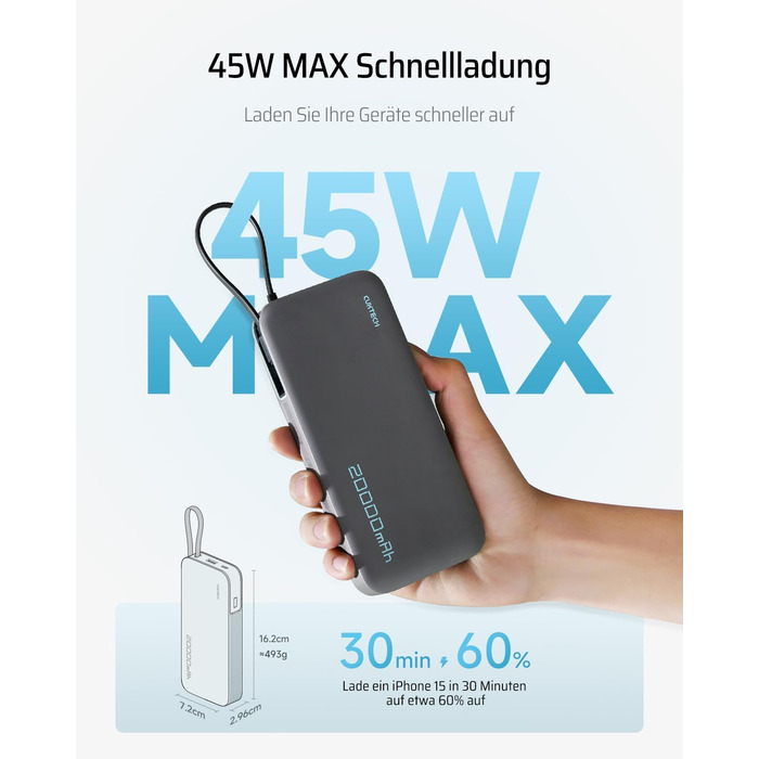 Power Bank CUKTECH 20000mAh з USB-C кабелем, 45W, Digital Display, для iPhone, MacBook, Galaxy, темно-сірий