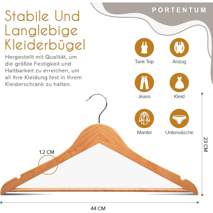 Плечики для одягу Portentum Holz, 10 шт., натуральні кольори - 360° обертання гачка, виступи для спідниць та блузок, нековзний тримач для штанів, підходять для костюмів, сорочок, курток (20 шт.)