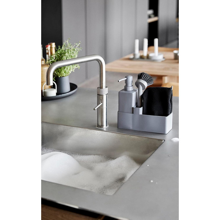 Zone Denmark Dishwashing Set, Dish Organizer with Soap Dispenser/Dish Soap Dispenser, Dishcloth and Dish Brush, 19 x 6 x 20.5 cm, 4-Piece Set, (0.4 liters, Cool Grey)
