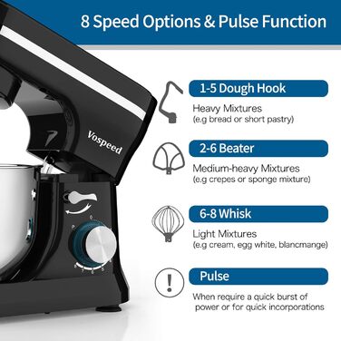 Планетарний міксер-тістоміс Vospeed, 5QT, 8 швидкостей, з чашею з нержавіючої сталі та набором насадок (гак, вінчик, міксер), чорний