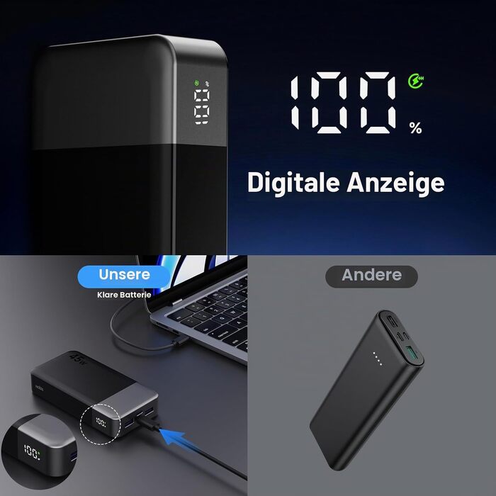 Power Bank NOBIS 20000mAh 45W Чорний: швидка зарядка USB-C/USB-A, цифровий дисплей, режим для малопотужних пристроїв