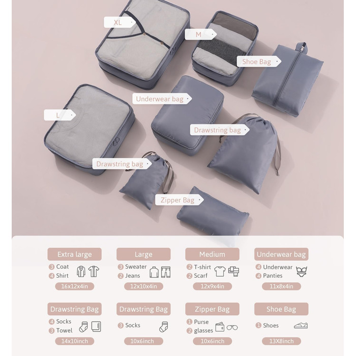 Органайзер для валізи Meowoo, набір 8 шт. (сірий): кубики для пакування, органайзери для подорожей та бізнесу