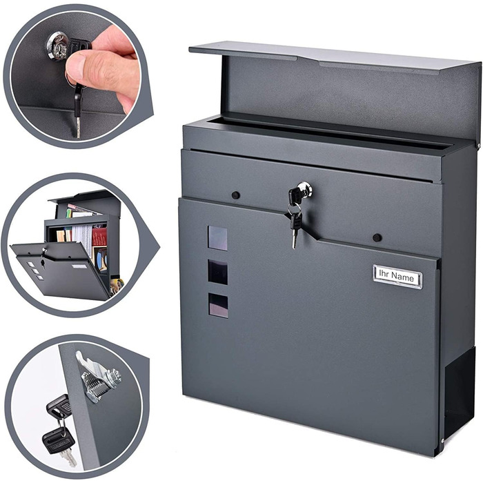 Поштова скринька Verda Anthrazit з газетницею, порошкове покриття AkzoNobel, 2 ключі, табличка з іменем, дизайнерська настінна поштова скринька з нержавіючої сталі SN3678-1