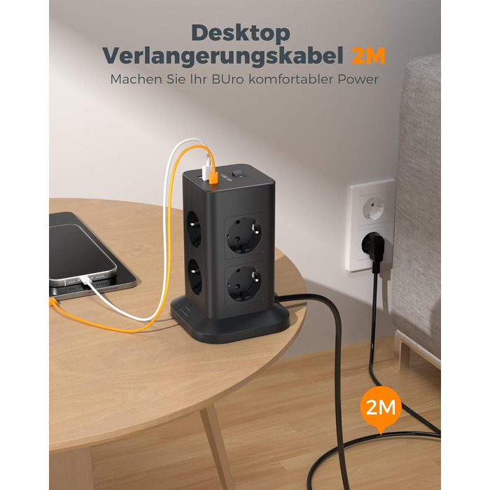 Блок розеток TESSAN з захистом від перенапруги 3600W 16A, 8 розеток, USB-C, подовжувач 2м, сірий