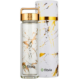 Термопляшка Fitvia 380 мл з подвійними стінками, мармуровий дизайн, сито для чаю, зручна ручка (Золотий мармур)