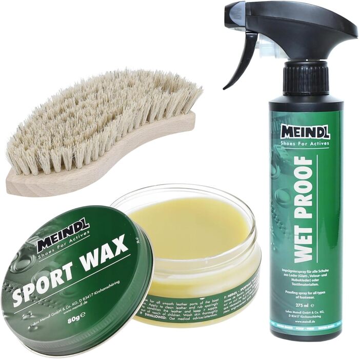 Meindl Leder MegaPack: Sportwax + Impregnator + Leather Brush, Leather Care Shoe Care for all Leather Shoes