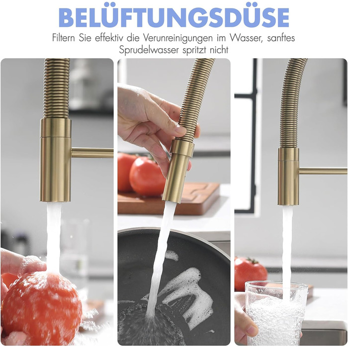 Сучасний кухонний змішувач AIMADI з висувною лійкою та 360° поворотом, чорний/рожеве золото, з двома виходами, для високого тиску