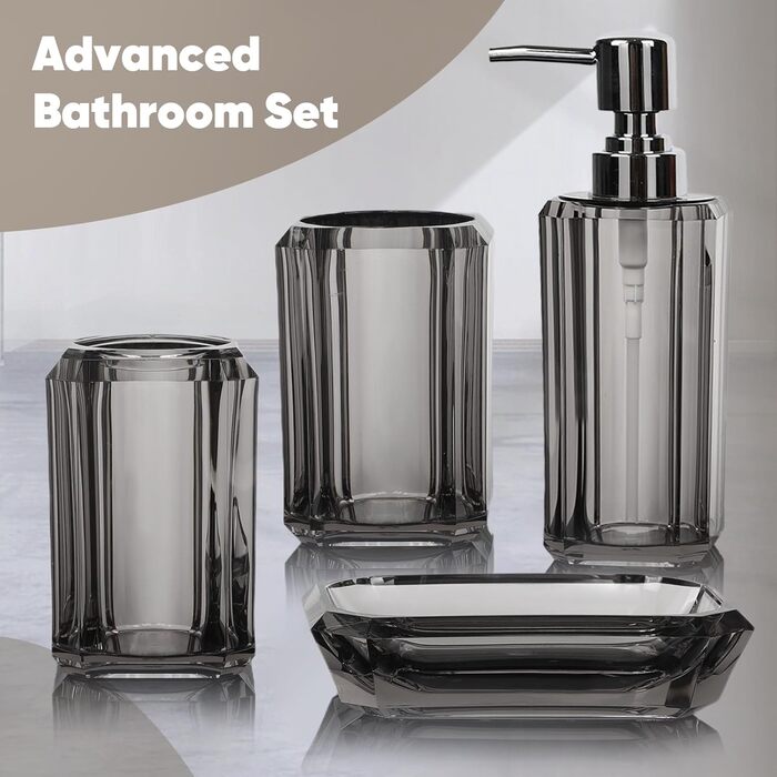 Набір аксесуарів для ванної кімнати з акрилу преміум-класу (4 шт.): дозатор для дезінфектора, диспенсер для лосьйону, мильниця, стакан для ополіскувача, стакан для зубної пасти (щіткова чорна/сіра)
