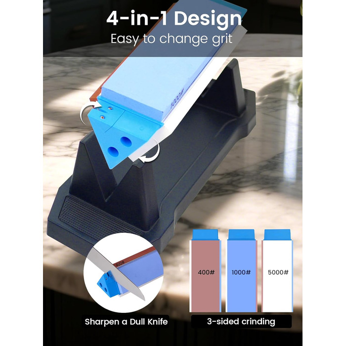 Набір точильних каменів Schleifstein 3-в-1: 400/1000/5000 грит, з підставкою, кутовою направляючою та шкіряним ремінцем для заточування ножів