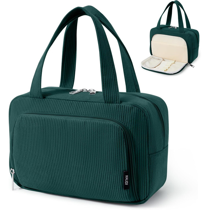 Косметичка жіноча Kalidi з відділеннями та щілинами для пензлів, велика органайзер для макіяжу, дорожня косметичка, валізка, темно-зелена