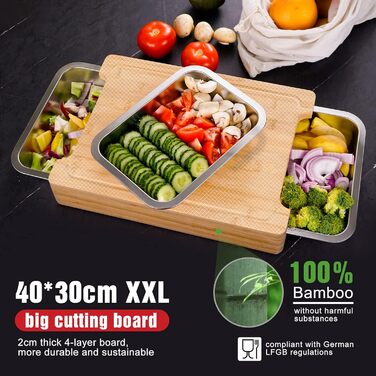 Rainsworth Bamboo Cutting Board with Drip Tray - with 3 Stainless Steel Bowls and Juice Groove - 40x30x7cm Large Solid Multifunctional Cutting Board High - Vegetable Cutting Board Bumbus with Feet