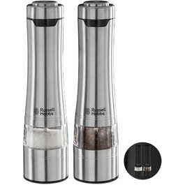 Електричні млини Russell Hobbs для солі та перцю, набір 2 шт, нержавіюча сталь, керамічний механізм, регульований помел, LED підсвітка, для спецій та трав, модель 23460-56