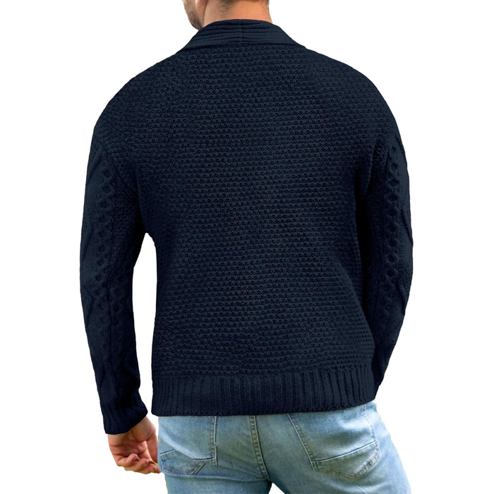 Чоловіча в'язана жилетка Comdecevis з коміром-шарфом, рельєфним в'язанням, ґудзиками, довгими рукавами, повсякденна, з кишенями, розмір L, темно-синій