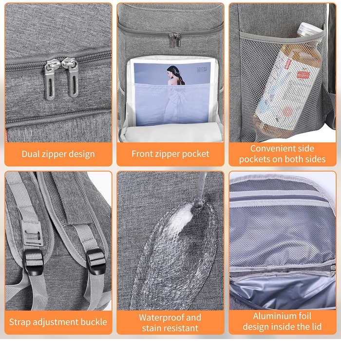 Терморюкзак 24L, ізольований, для пікніків, кемпінгу, пляжу, походів (сірий)