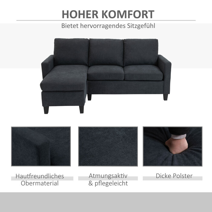 HOMCOM кутовий диван з тканини, кутова кушетка, диванний комплект, кутовий диван з відкидною лежаком, у формі літери L, темно-сірий, 197x139x91 см | Aosom
