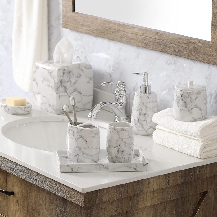 Motifeur Badaccessoires Set, 5-Piece Ceramic Bathroom Accessories Set with Lotion Dispenser/Soap Pump, Cotton Swab Holder, Soap Dish, Cup, and Toothbrush Holder (Marble Look)