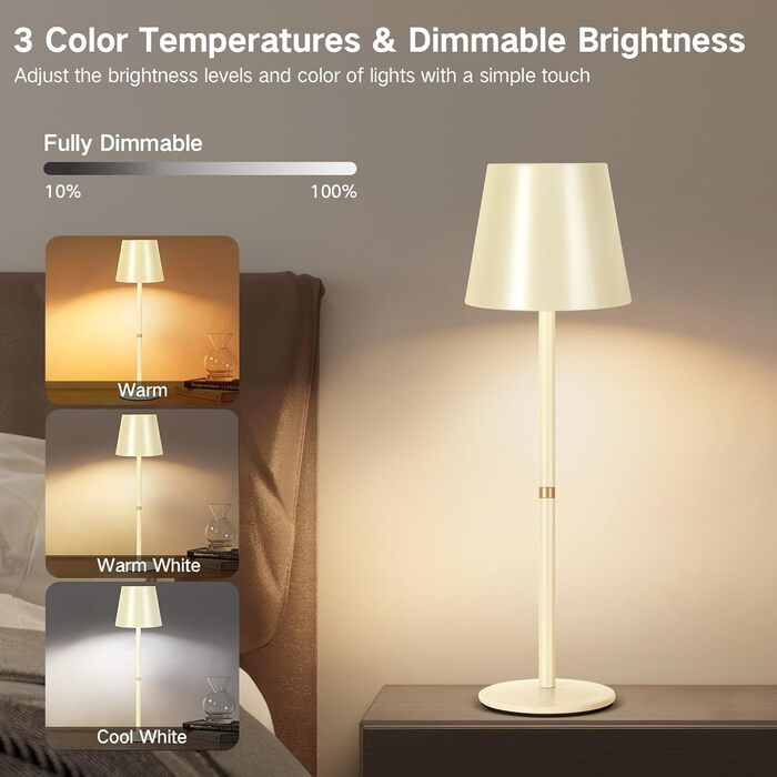 LED-лампа настільна бездротова OUTON, 2 шт. - сенсорне керування, 3 режими, USB-C зарядка, IP54, 30 годин, для дому/саду, чорний/бежевий