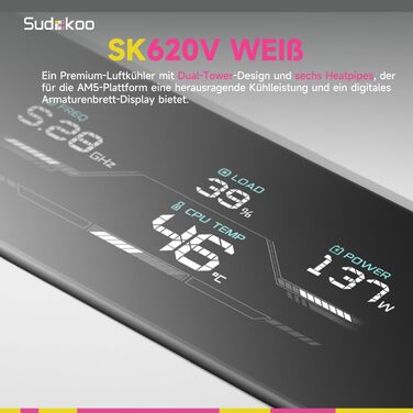 Кулер для процесора Sudokoo SK620V White AM5: двосекційний повітряний охолоджувач з цифровим дисплеєм, 6 теплотрубками та 2 вентиляторами PWM FDB 120мм, білий