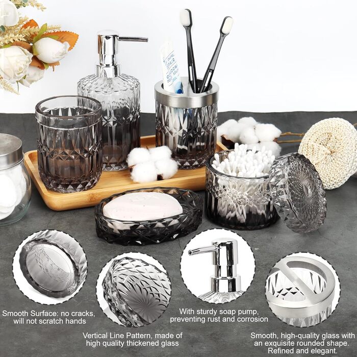 Набір аксесуарів для ванної кімнати Hebaogugu 5 шт., сірий колір, з дозатором мила, мильницею, стаканчиком для зубних щіток, тримачем для зубних щіток та контейнером для ватних паличок.