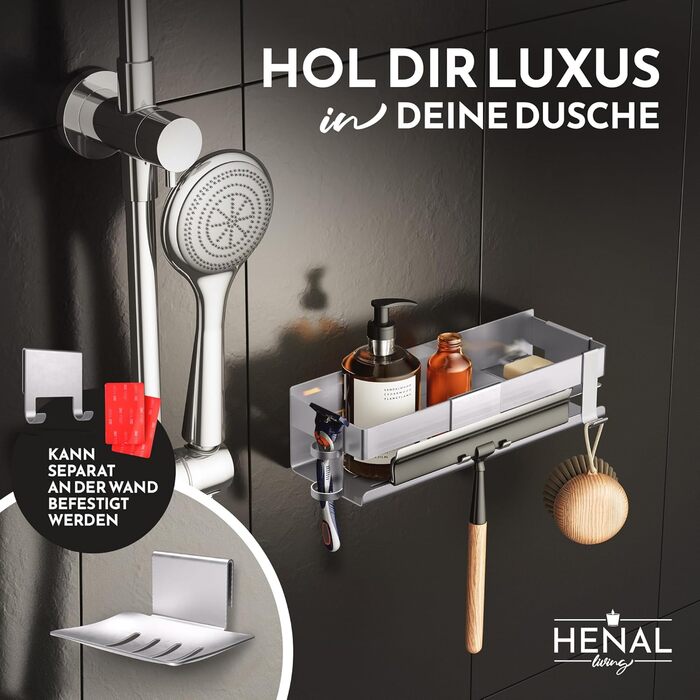 HENAL Shower Shelf Set 5 in 1, Brushed Stainless Steel Shower Shelf without Drilling, Shower Shelf including Razor Holder, Squeegee Holder, Soap Dish & Hook, XXL Bathroom Organizer