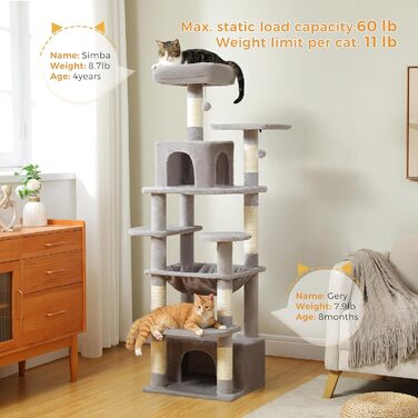PAWZ Road Дряпка для котів велика, стабільна, 184 см, з гамаком, 7 стовпчиків для дряпання, велика полиця, кошик, для великих котів, сірий (M)