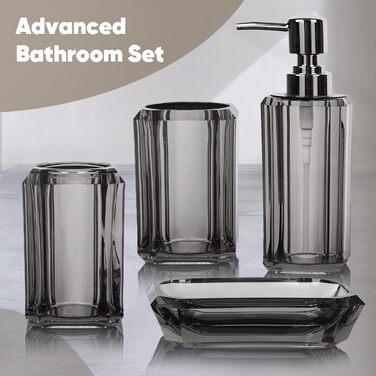 Набір аксесуарів для ванної кімнати з акрилу преміум-класу (4 шт.): дозатор для дезінфектора, диспенсер для лосьйону, мильниця, стакан для ополіскувача, стакан для зубної пасти (щіткова чорна/сіра)