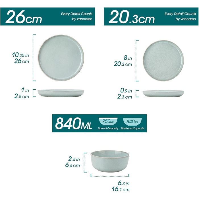 Набір посуду Steingut vancasso ANYA Mintgrün (18 предметів) - 6 осіб, сучасний сервіз з тарілок та мисок, сумісний з посудомийною машиною та мікрохвильовою піччю