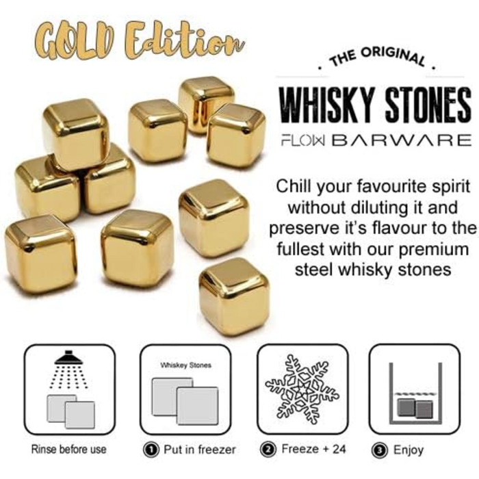 Камені для охолодження напоїв Flow Barware (Золоті): 10 шт. з нержавіючої сталі для віскі, вина та джину