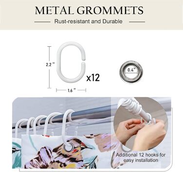 Штора для душу 180x180 см з квітами, антигрибкова, водонепроникна, поліестер, з кільцями (12 шт.)