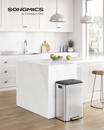 Відро для сміття SONGMICS 40 л з кришкою, педальним механізмом, Soft-Close, утримуванням кришки, срібне, LTB541E40