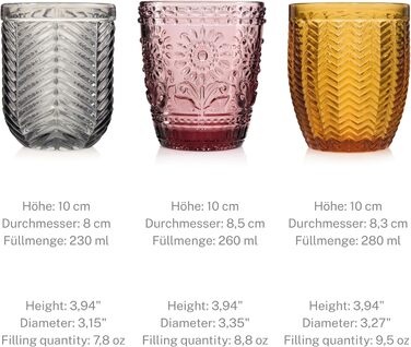 Sänger Drinking Glasses Set Porto - 6-Piece Glass Set for 6 People, Water Glasses, Multicolored, Unique Cut, Everyday Use, Family Meals, Office, Outdoor Juice Glasses Set | 310 ml
