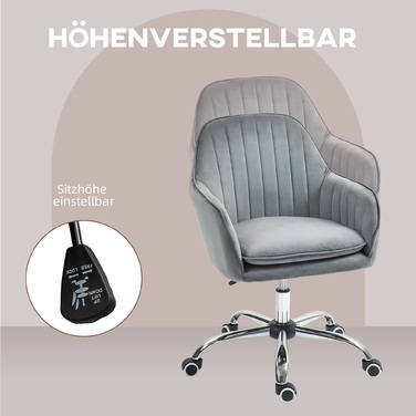 HOMCOM Adjustable Height Desk Chair Swivel Office Chair Rotating Home Office Chair with Back and Armrests Velvet-Look Vanity Chair for Study Room, Grey | Aosom