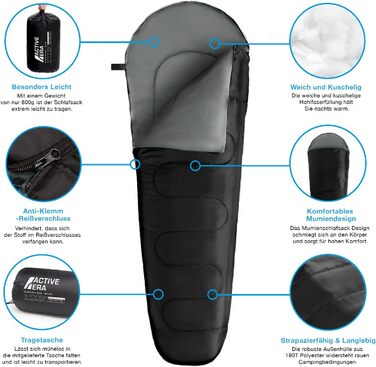 Сплячий мішок Active Era Mumienschlafsack – зимовий та літній, водонепроникний, захист від вітру, ультралегкий, температурний режим -10°C до 10°C, компактний, для кемпінгу, чорний