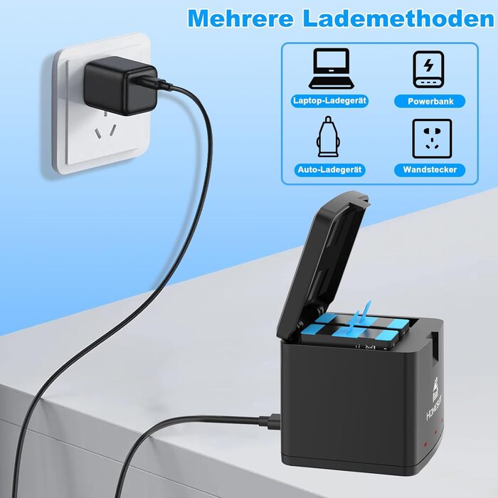 Набір акумуляторів Homesuit Hero 12/11/10/9 + LED зарядний пристрій USB-C (2 шт. акумулятори) для GoPro Hero 12/11/10/9 Black