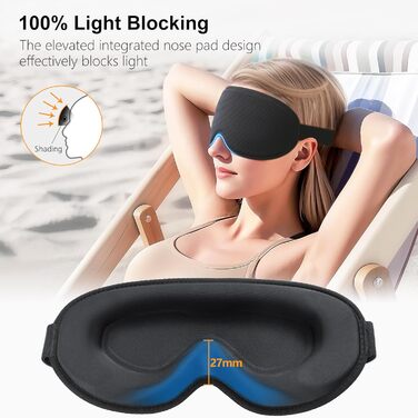 Маска для сну Gritin для тих, хто спить на боці, 3D-конструкція, регульована, світлонепроникна та дихаюча, для чоловіків та жінок, для подорожей та сну - чорна